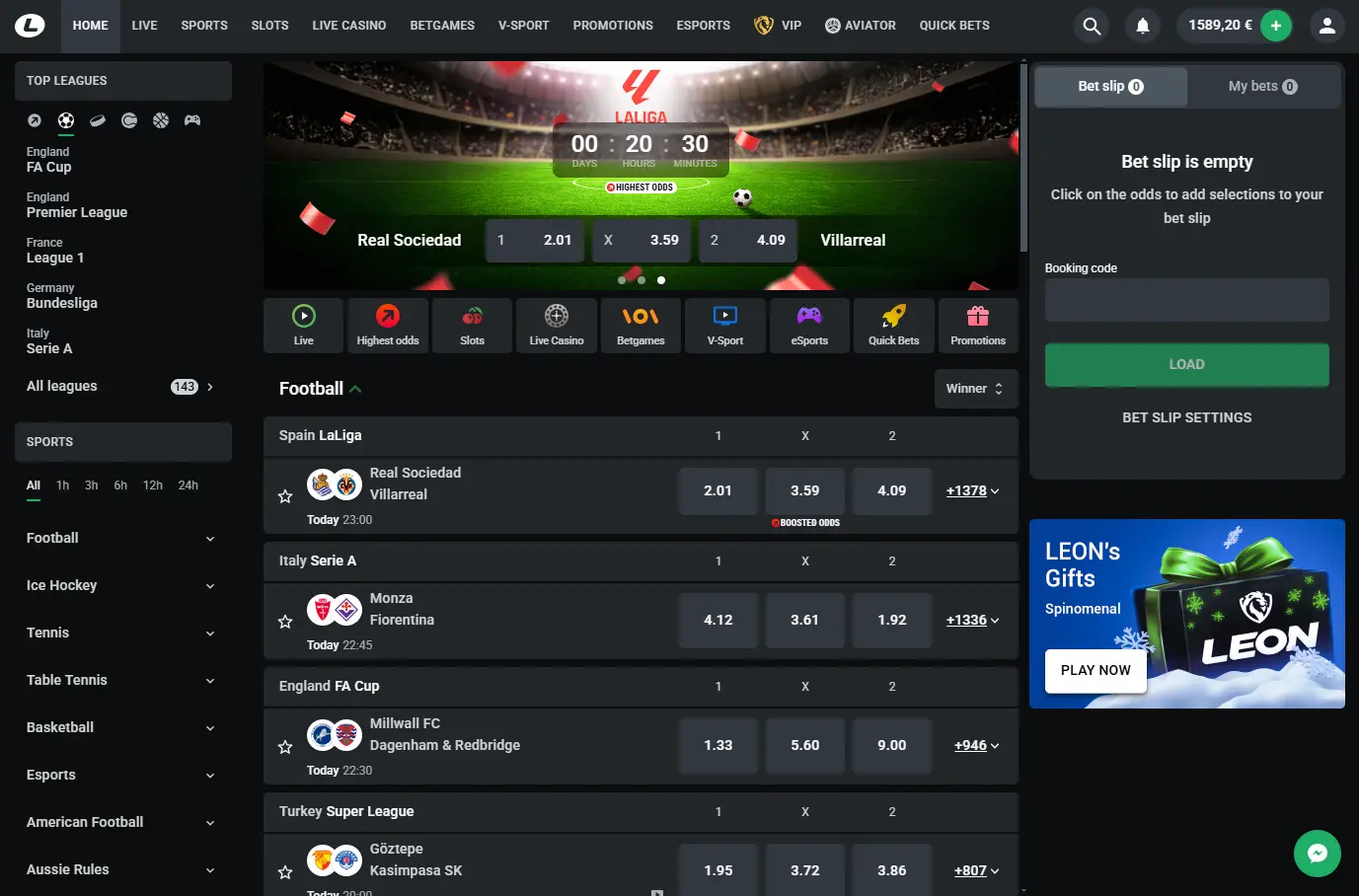 Leon.bet website showcasing sports betting options and promotional offers