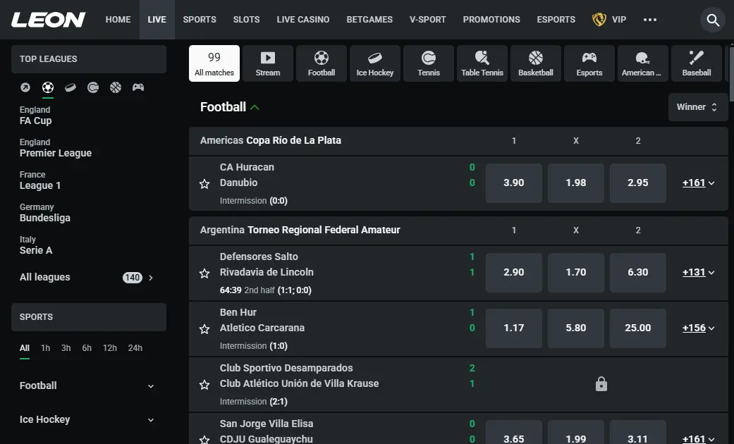 Live betting interface on Leon.bet with real-time updates and dynamic odds